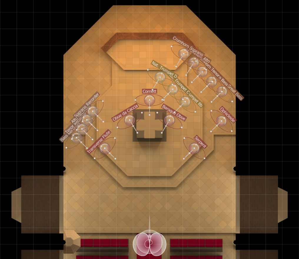 Overhead view of a church floor plan showing instrument placement for an orchestra, including various recorders, crumhorns, trumpets, oboes, ophicleide, cornett, and serpent.