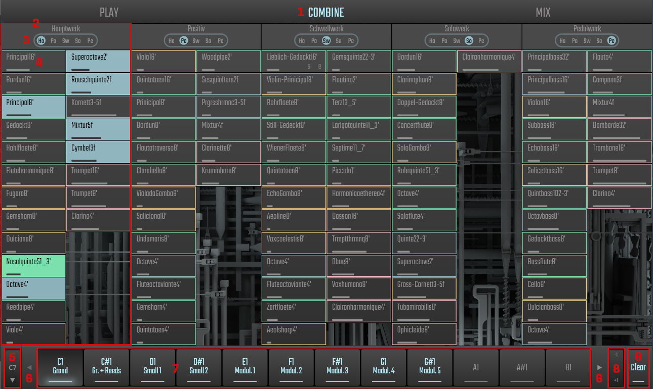 Digital organ interface displaying Hauptwerk, Positiv, Schwellwerk, Solowerk, and Pedalwerk tabs with numerous selectable organ stops for registration design.
