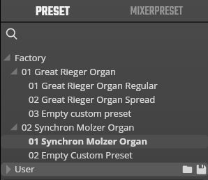 Software interface showing a PRESET browser with Factory and User folders, displaying Synchron Molzer Organ selected, illustrating preset management for audio or instrument sounds.