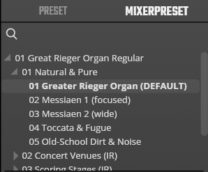 Screenshot of a music software interface showing an audio preset browser with a list of organ sound presets, including Greater Rieger Organ (DEFAULT) selected, for sound design or mixer settings.