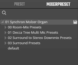 Screenshot of a digital audio workstation (DAW) browser showing a list of mixer presets, including Synchron Molzer Organ, Room-Mix, Decca Tree Multi Mic, Surround to Stereo Downmix, and Surround Presets.