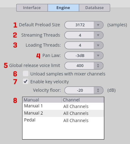 Software settings menu for engine parameters, showing options like default preload size, streaming and loading threads, pan law, global release voice limit, sample unloading, key velocity, and channel assignments for manuals and pedals.