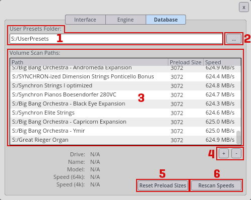 Software settings window displaying the Database tab with options for User Presets Folder, Volume Scan Paths, and buttons to Reset Preload Sizes and Rescan Speeds.