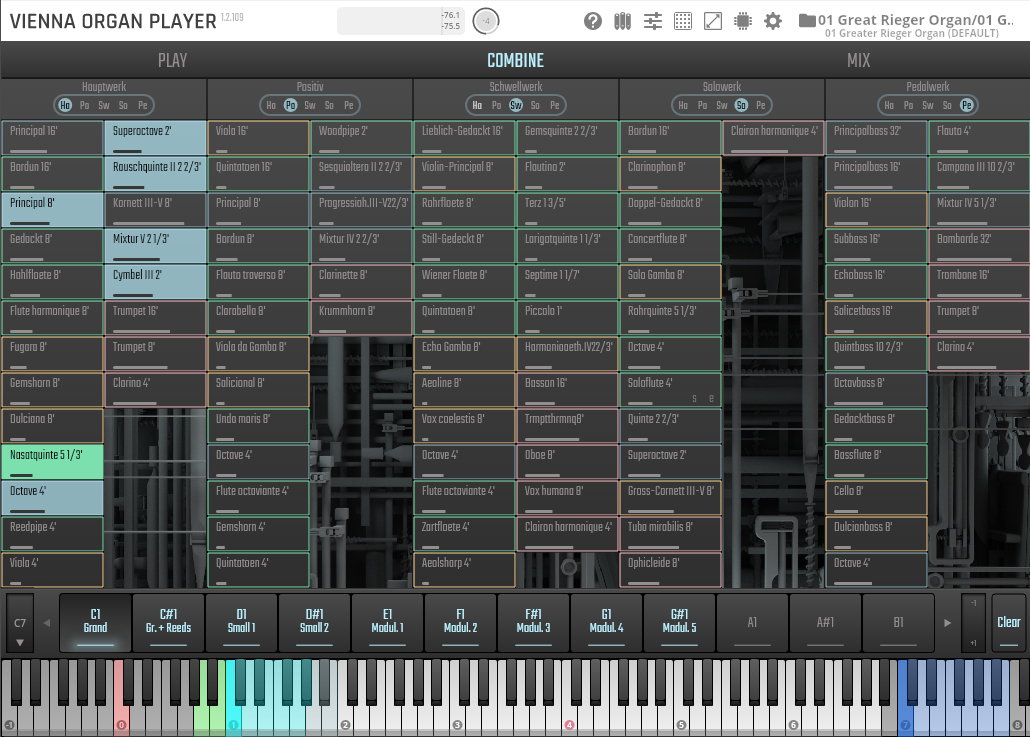 Virtual organ console interface displaying adjustable stops and manuals for the Vienna Symphonic Library's Great Rieger Organ software.