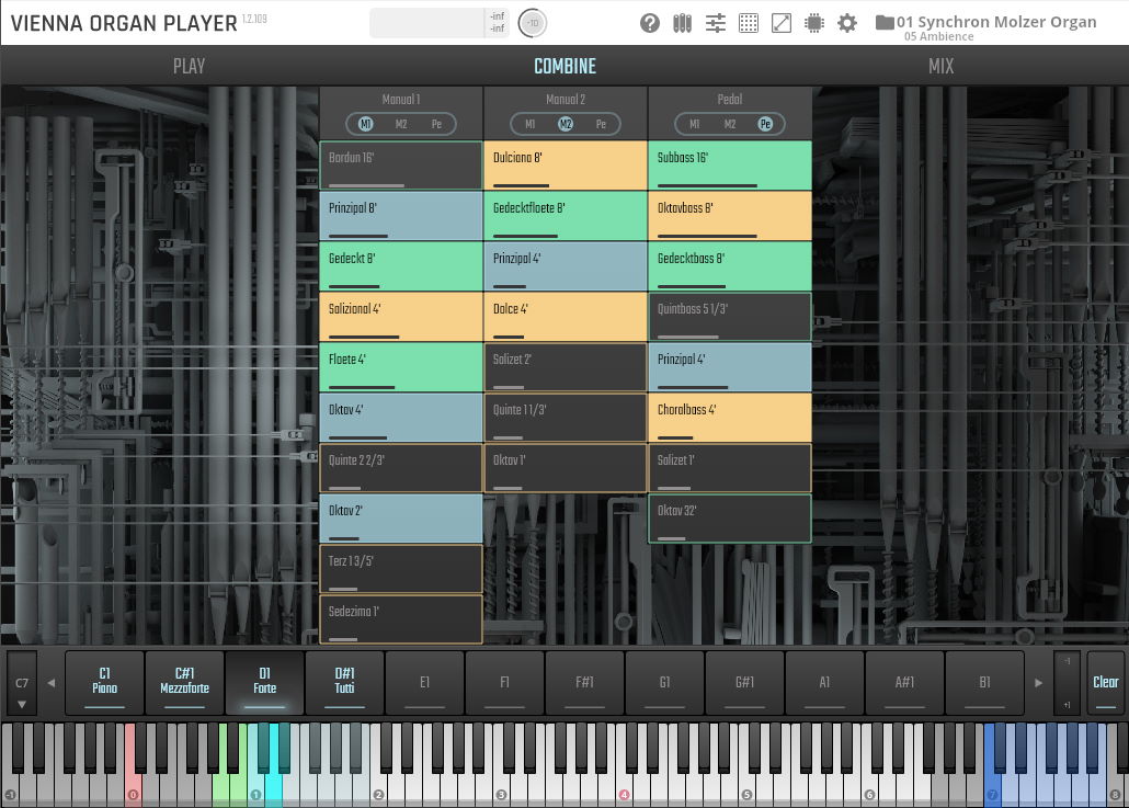 Vienna Symphonic Library Great Rieger Organ virtual instrument interface showing organ stops, manuals, and pedal options for sound configuration, with an on-screen keyboard at the bottom.