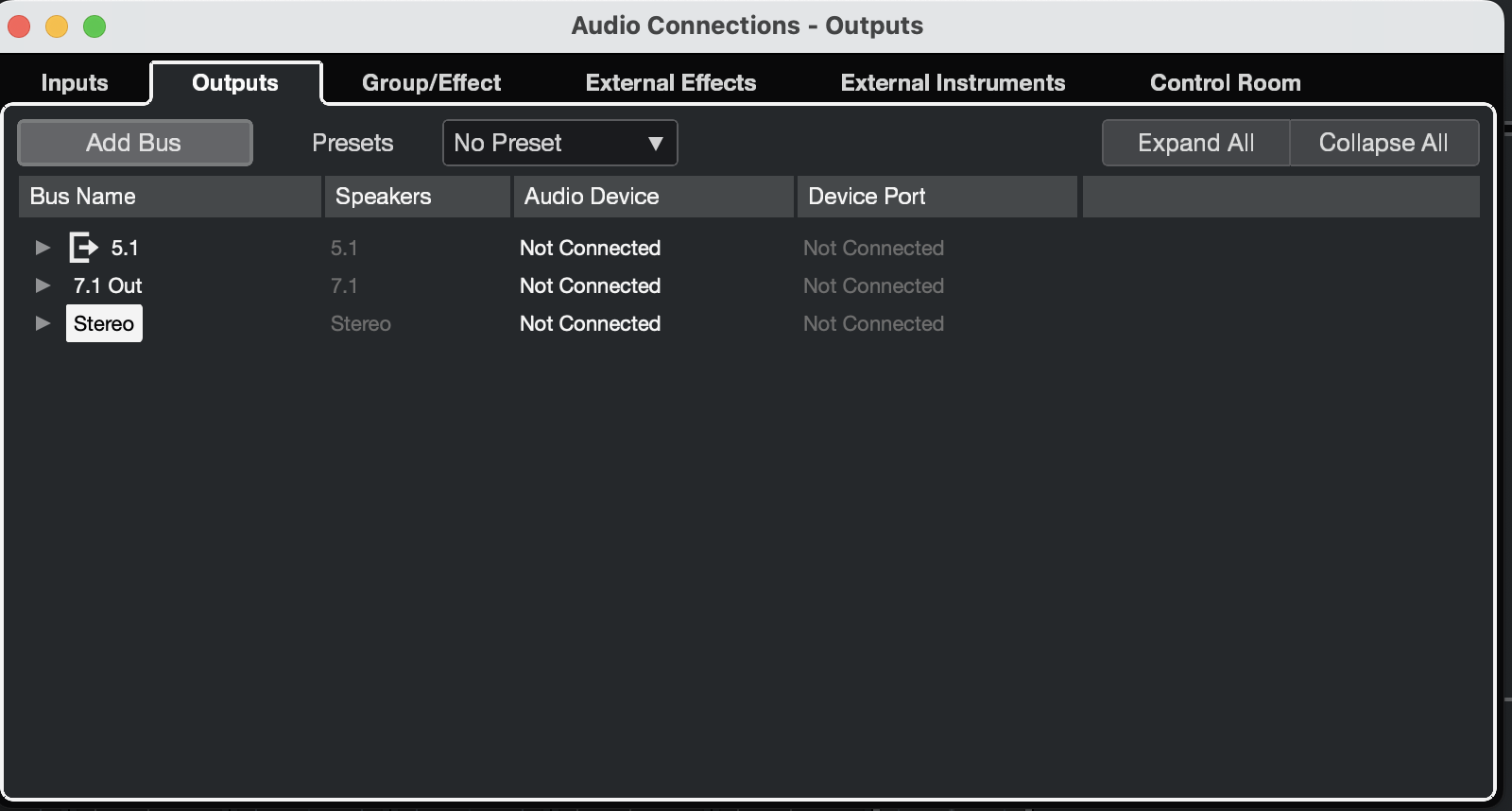 Screenshot of the Audio Connections Outputs window, displaying bus names (5.1, 7.1 Out, Stereo), speaker configurations, and columns for Audio Device and Device Port, all currently showing Not Connected.