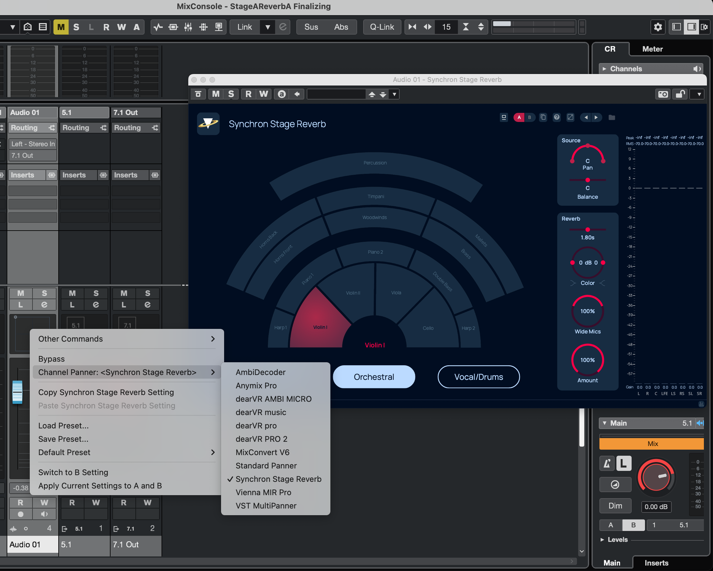 A computer screen displaying the Synchron Stage Reverb plugin with an orchestral seating arrangement, reverb controls, and the plugin selection menu open, highlighting Synchron Stage Reverb.