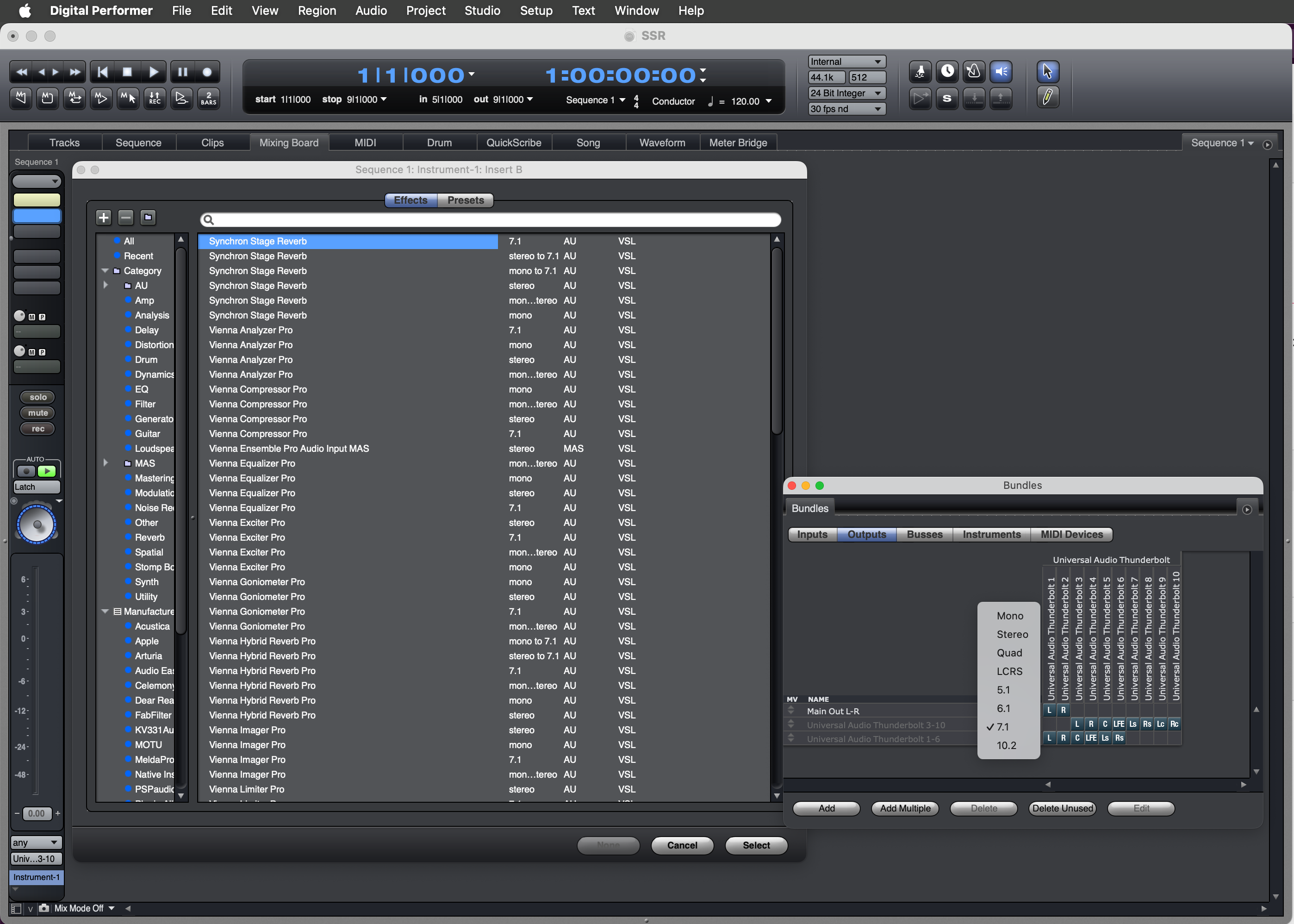 Digital Performer software displaying a Synchron Stage Reverb plugin interface for audio effects, showing options like stereo, mono, 7.1 channel settings, and various Vienna Instruments plugins.