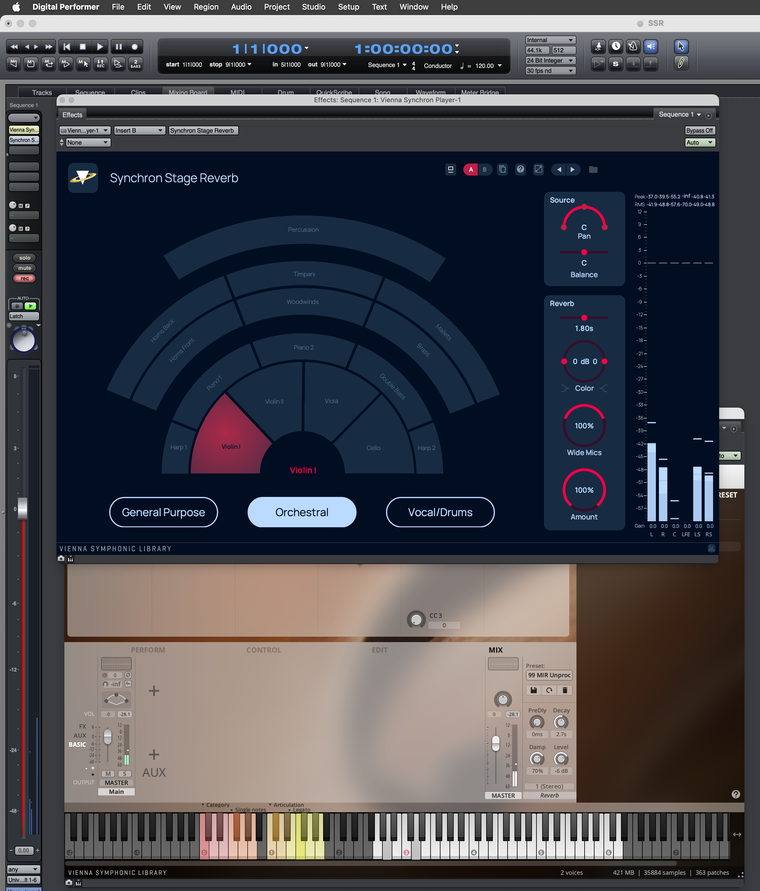 Digital Performer audio interface showing the Synchron Stage Reverb plugin with an orchestral seating chart, sound source, and reverb settings.