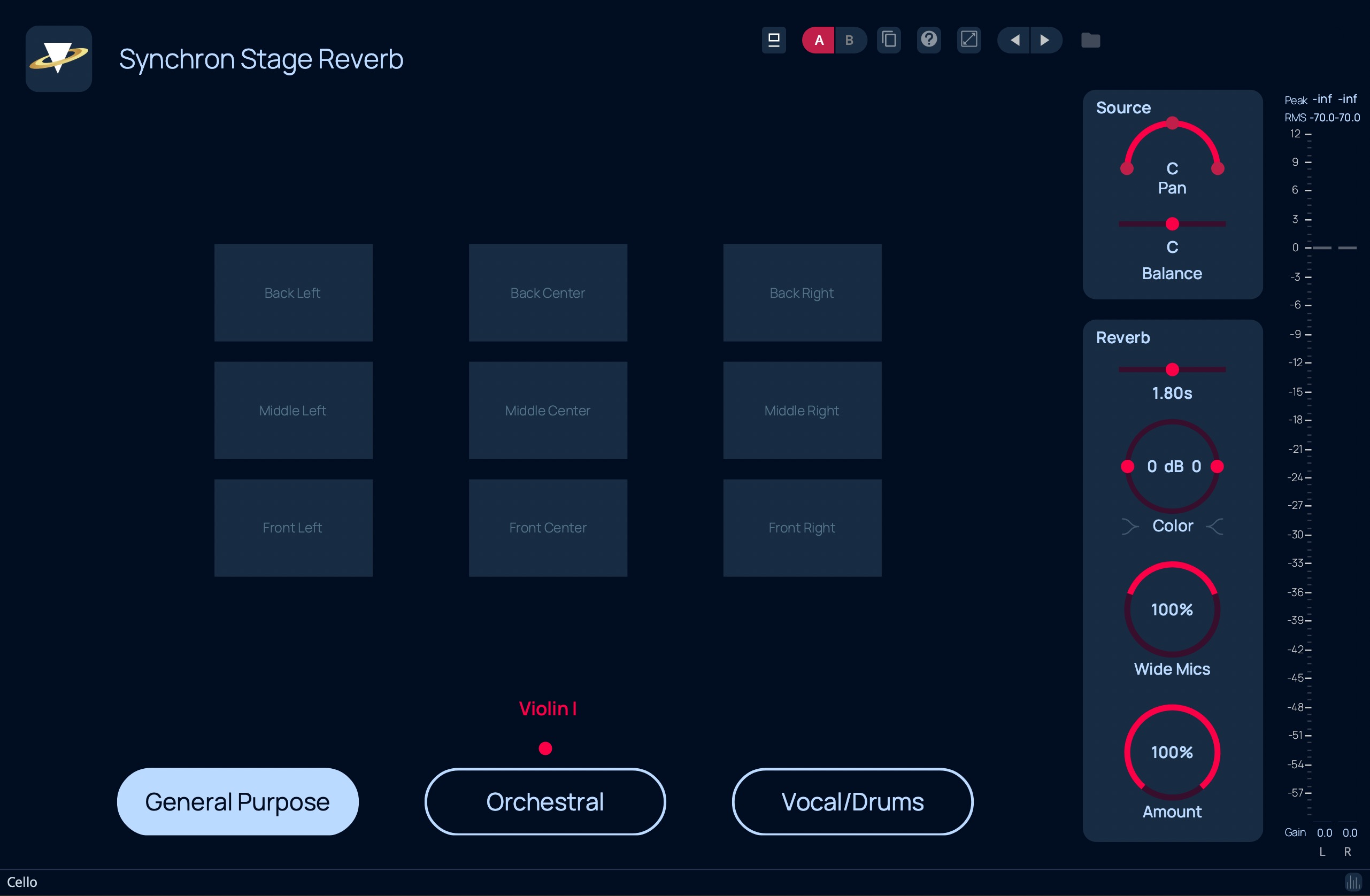 Synchron Stage Reverb plugin interface with spatial microphone positions, source and reverb controls for audio processing.