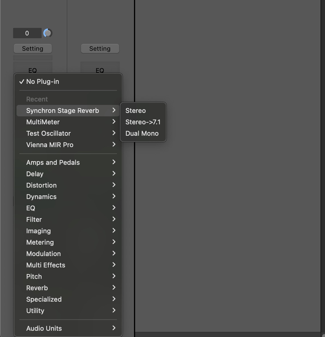 Screenshot of a digital audio workstation (DAW) plugin menu open to Synchron Stage Reverb with options for Stereo, Stereo->7.1, and Dual Mono output, showcasing the reverb plugin selection process.