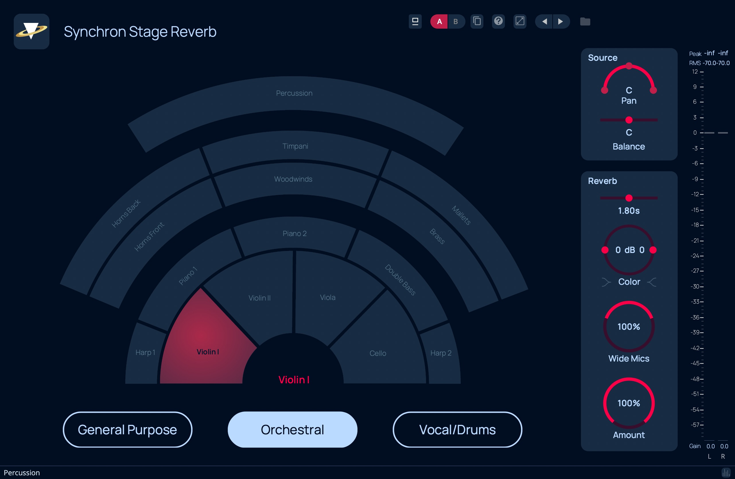 A detailed view of the Synchron Stage Reverb plugin's interface, showing an arc-shaped seating arrangement for instruments like Violin I, Violin II, Viola, Cello, Harp, Piano, Brass, Woodwinds, Timpani, Percussion, and Mallets, with Violin I highlighted in red, indicating a selected instrument. The right panel displays Reverb and Source settings including pan, balance, decay time, color controls, and mic blending options, demonstrating the spatial audio capabilities of the Vienna Synchron Stage A virtual instrument.