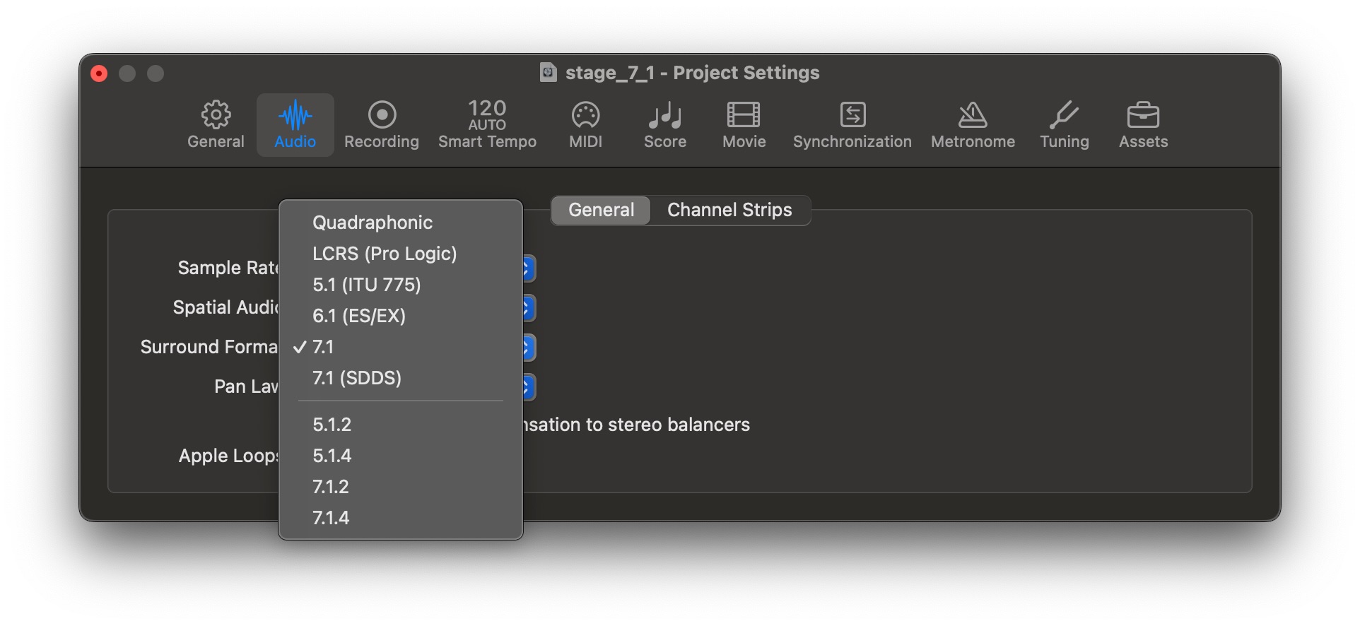 Screenshot of Synchron Stage Reverb plugin audio settings interface, showing 7.1 surround sound format selected for project settings.