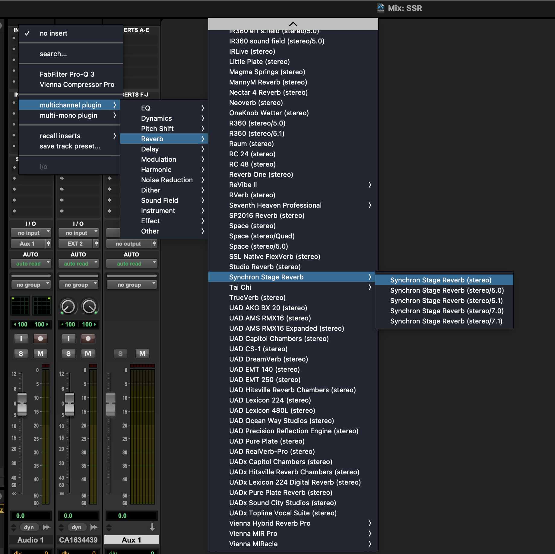 Digital audio workstation screen showing menu options with Synchron Stage Reverb selected, highlighting the plugin for sound engineers.