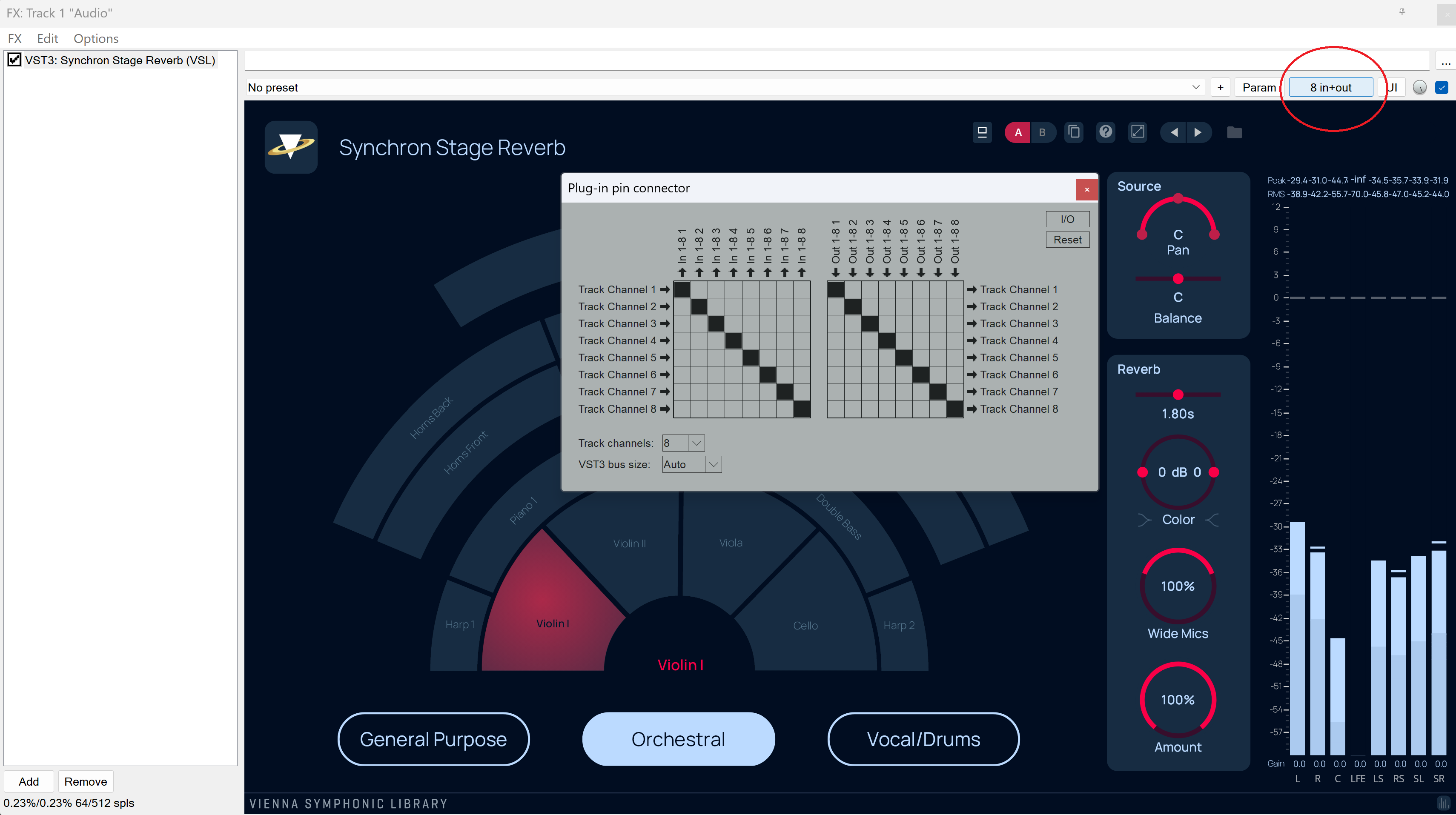 Synchron Stage Reverb plugin interface displaying a central seating chart of orchestral instruments for acoustic simulation, input/output routing, source and reverb controls, plus a levels meter.
