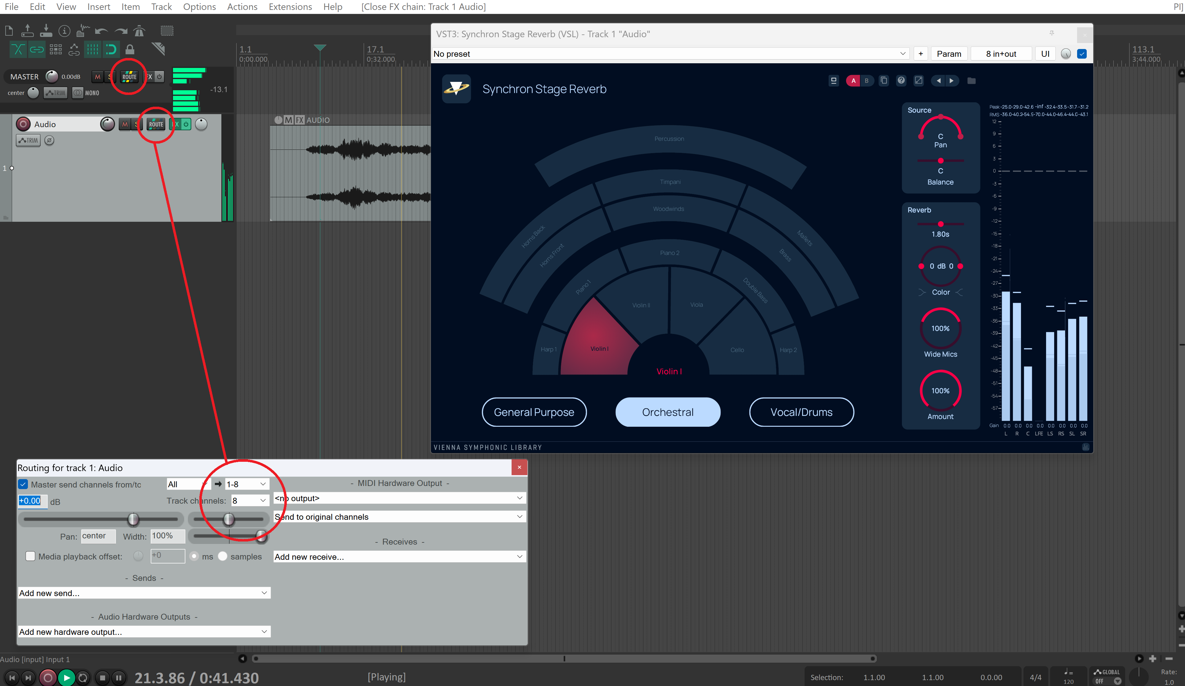 Screenshot of Synchron Stage Reverb plugin interface in a digital audio workstation showing violin 1 instrument selection, routing settings, and audio waveforms.