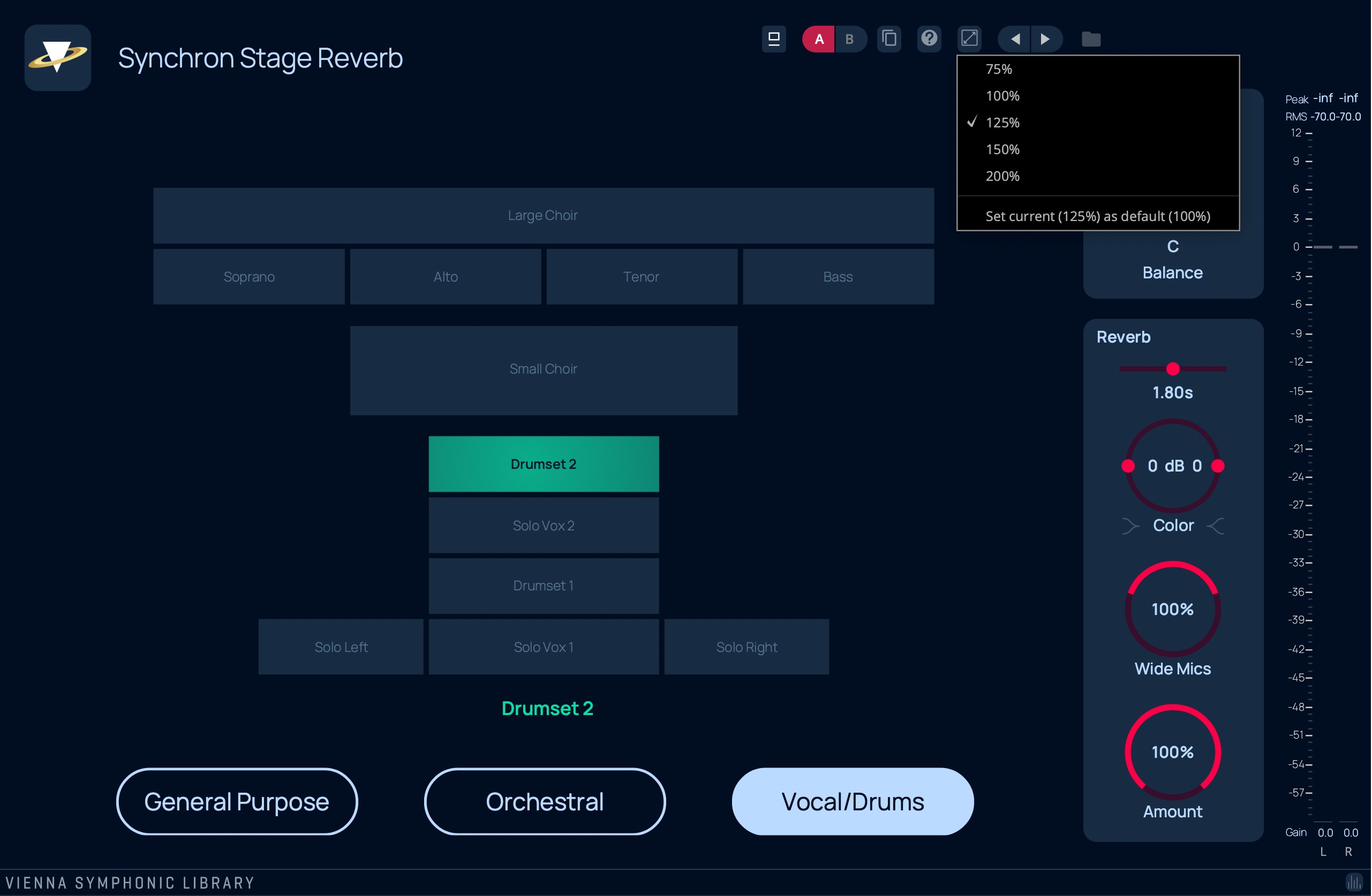 Synchron Stage Reverb plugin interface showing instrument selections like Large Choir, Small Choir, Solo Vocal, Drumset, and reverb settings including decay time, gain, and microphone levels, optimized for simulating orchestral room acoustics.