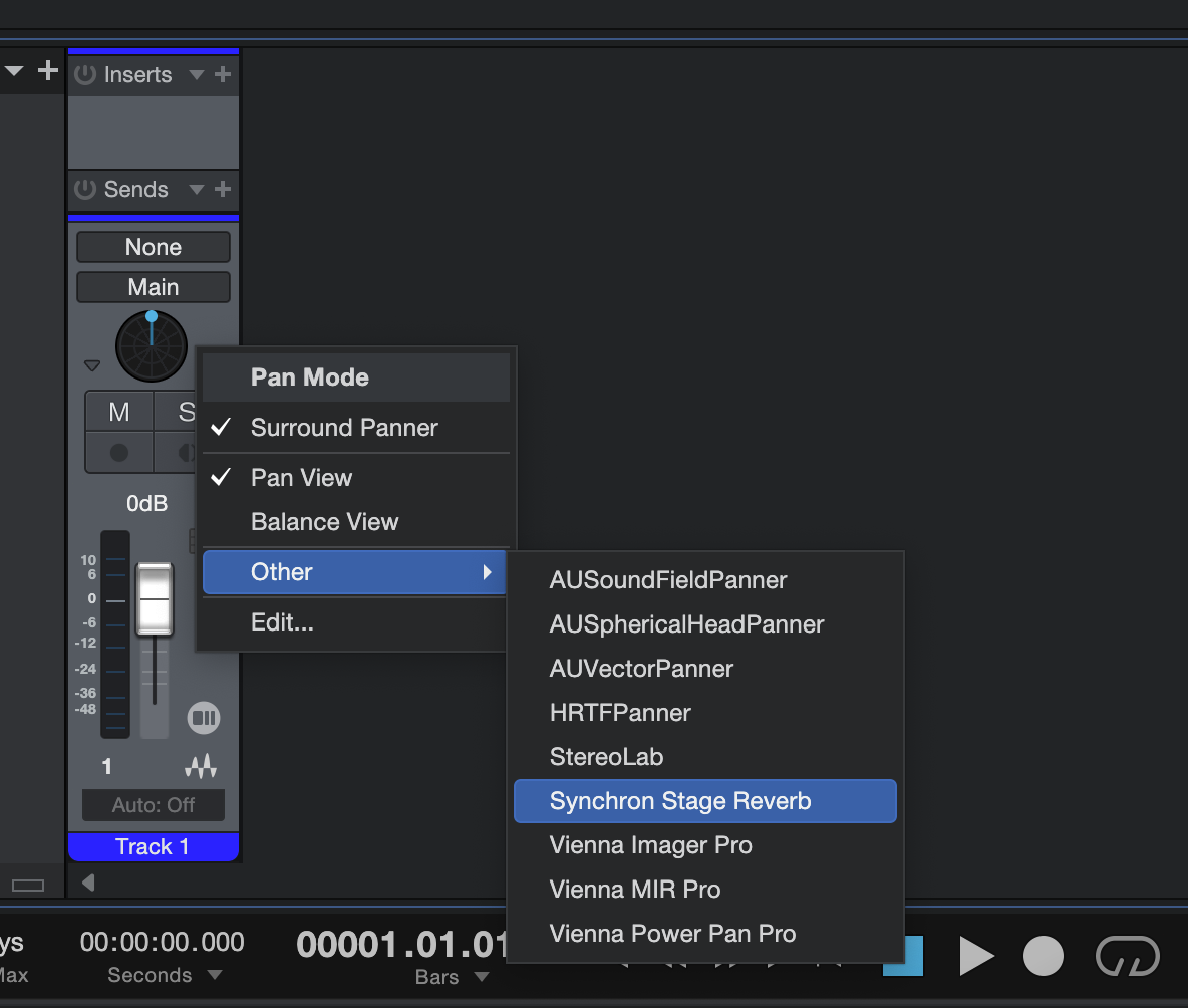 Screenshot showing a Synchron Stage Reverb plugin selected from a dropdown menu for audio pan mode settings.