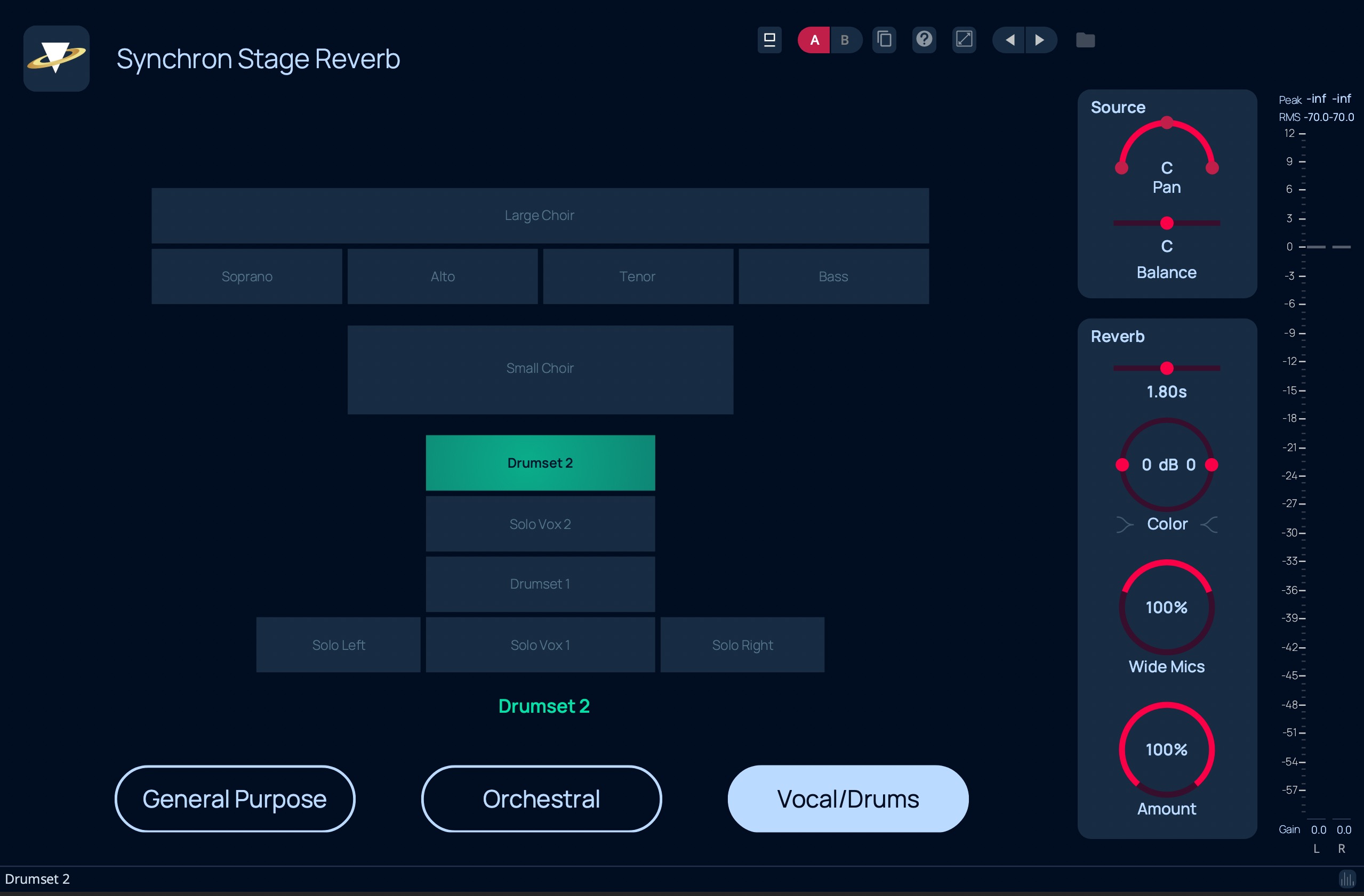 A digital audio workstation (DAW) plugin interface for Synchron Stage Reverb, featuring controls for source panning, balance, and reverb settings like decay time (1.80s), gain (0 dB), color, wide mics (100%), and amount (100%), with selected instrument pre-sets including 'Drumset 2' highlighted in green, alongside categorical buttons for 'General Purpose', 'Orchestral', and 'Vocal/Drums'.