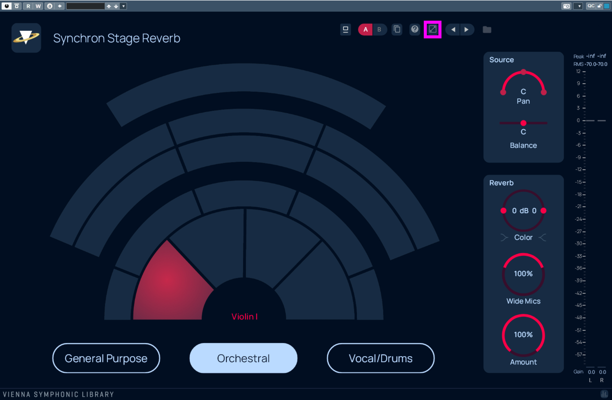 A detailed screenshot of the Synchron Stage Reverb plugin by Vienna Symphonic Library, showcasing its visual interface with concentric arcs representing microphone positions, a highlighted Violin I section, and controls for Source, Reverb (including dB, Color, Wide Mics, and Amount), and general purpose, orchestral, or vocal/drums settings.