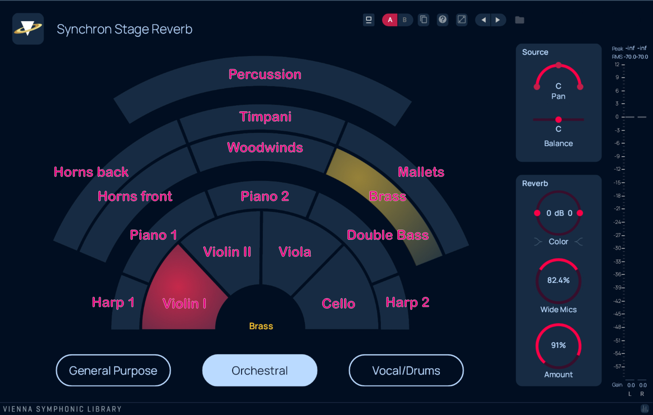 Synchron Stage Reverb plugin interface showing orchestral instrument sections like violins, cello, brass, woodwinds, percussion, and pianos, alongside source and reverb controls for sound mixing.