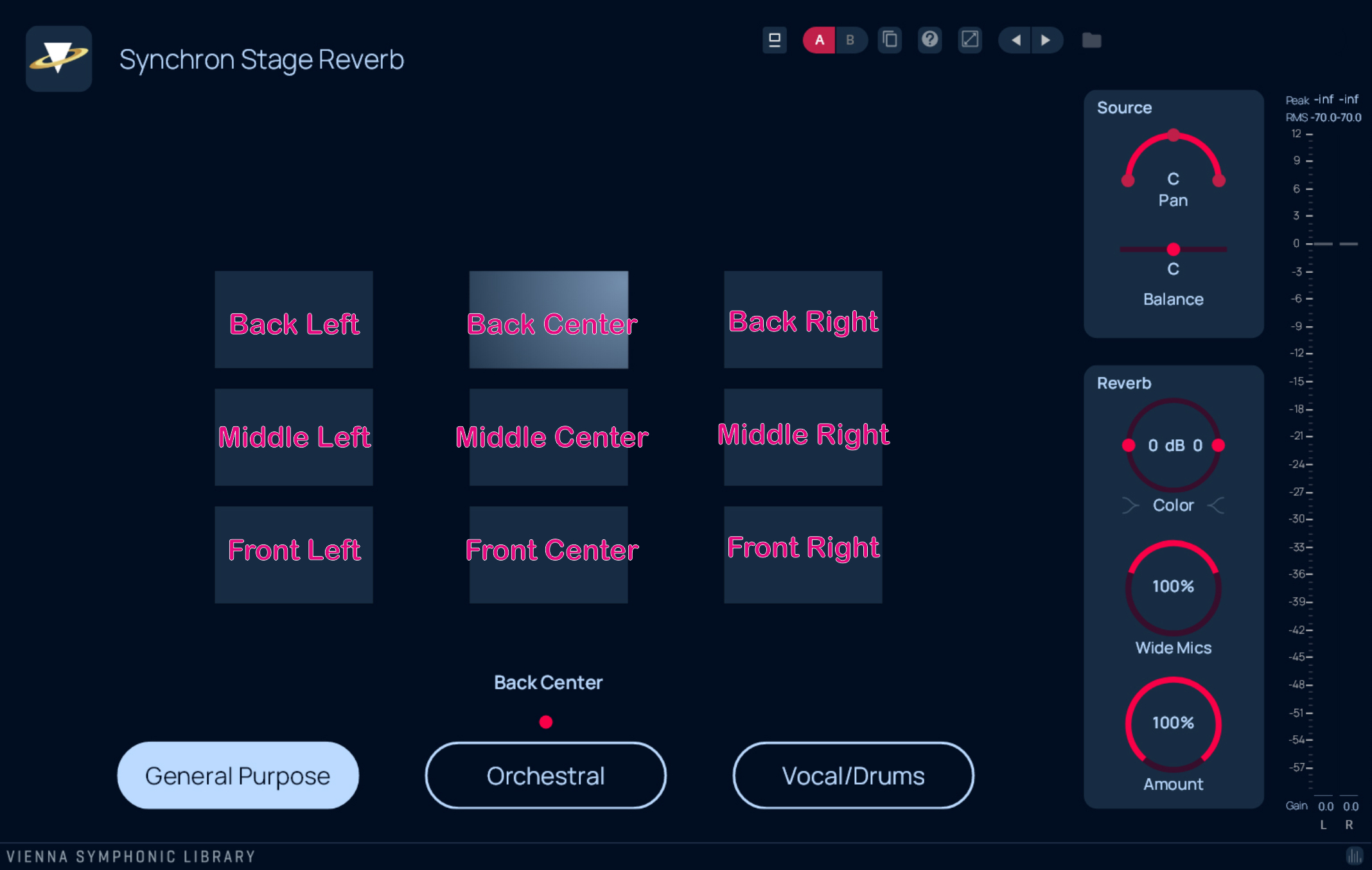 Synchron Stage Reverb plugin user interface showing microphone positioning options including Back Left, Middle Center, Front Right, and controls for Source Pan, Reverb Amount, and Wide Mics, offering General Purpose, Orchestral, and Vocal Drums presets for virtual instruments.