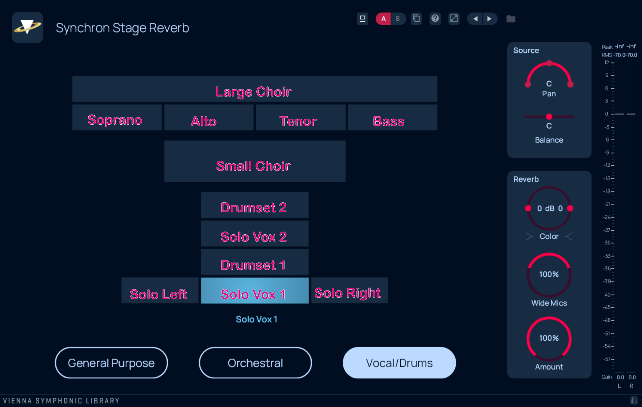 Screenshot of the Synchron Stage Reverb plugin interface showcasing instrument and choir settings, source and reverb controls, ideal to enhance audio production.