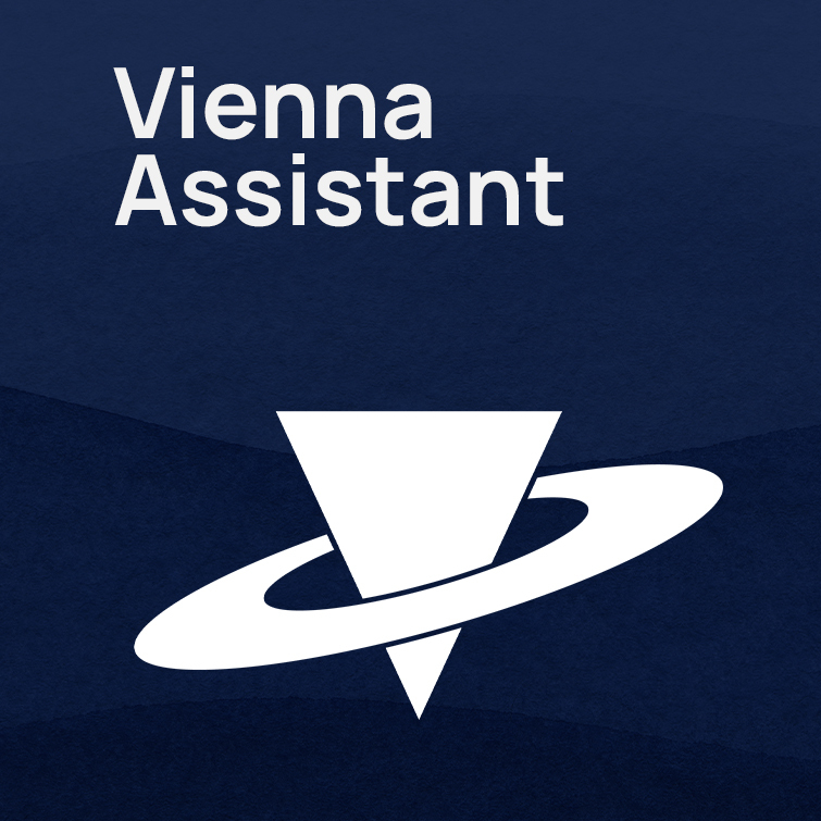 Vienna Assistant logo featuring a white downward-pointing triangle surrounded by a white orbit on a dark blue background.