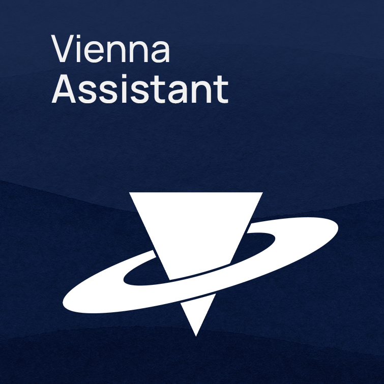 Vienna Assistant logo featuring white text and a white stylized icon of an inverted triangle with an orbiting ring on a dark blue background.