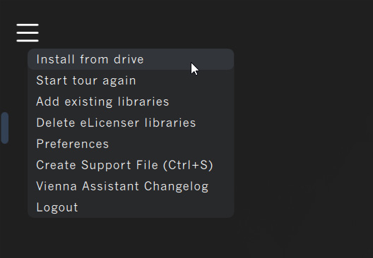 Software menu displaying Install from drive highlighted by a mouse cursor, part of an offline installation process for Vienna Hard Drive.