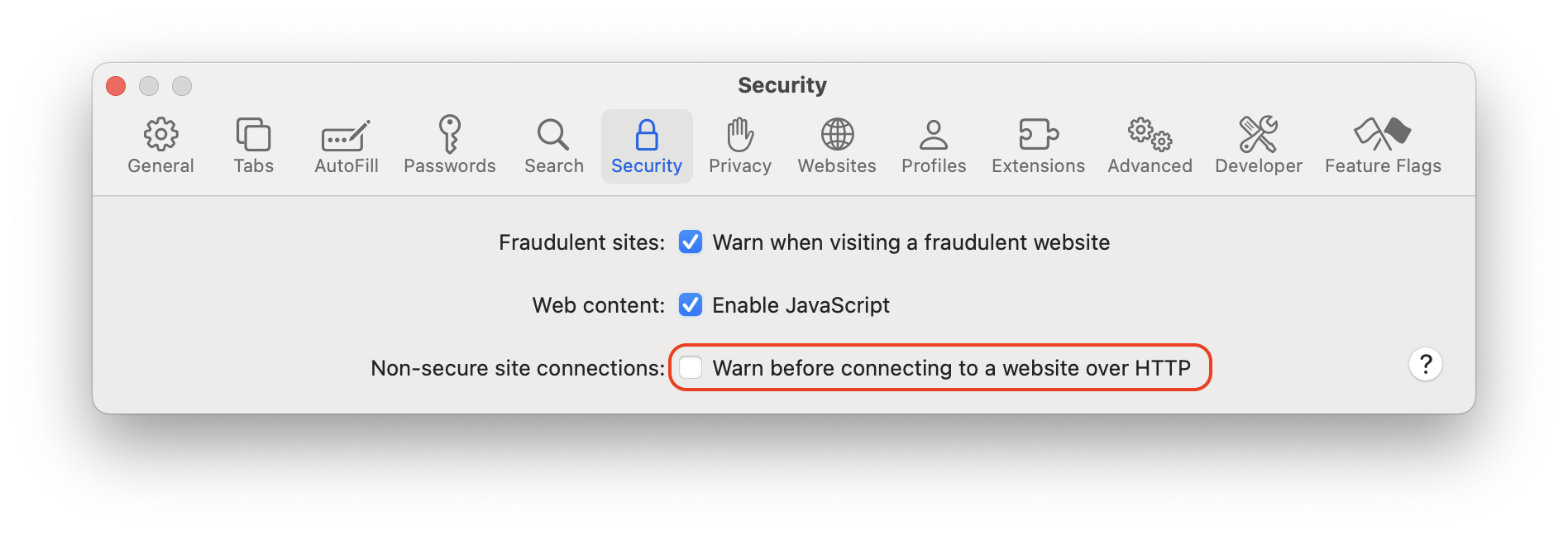 Safari security settings.