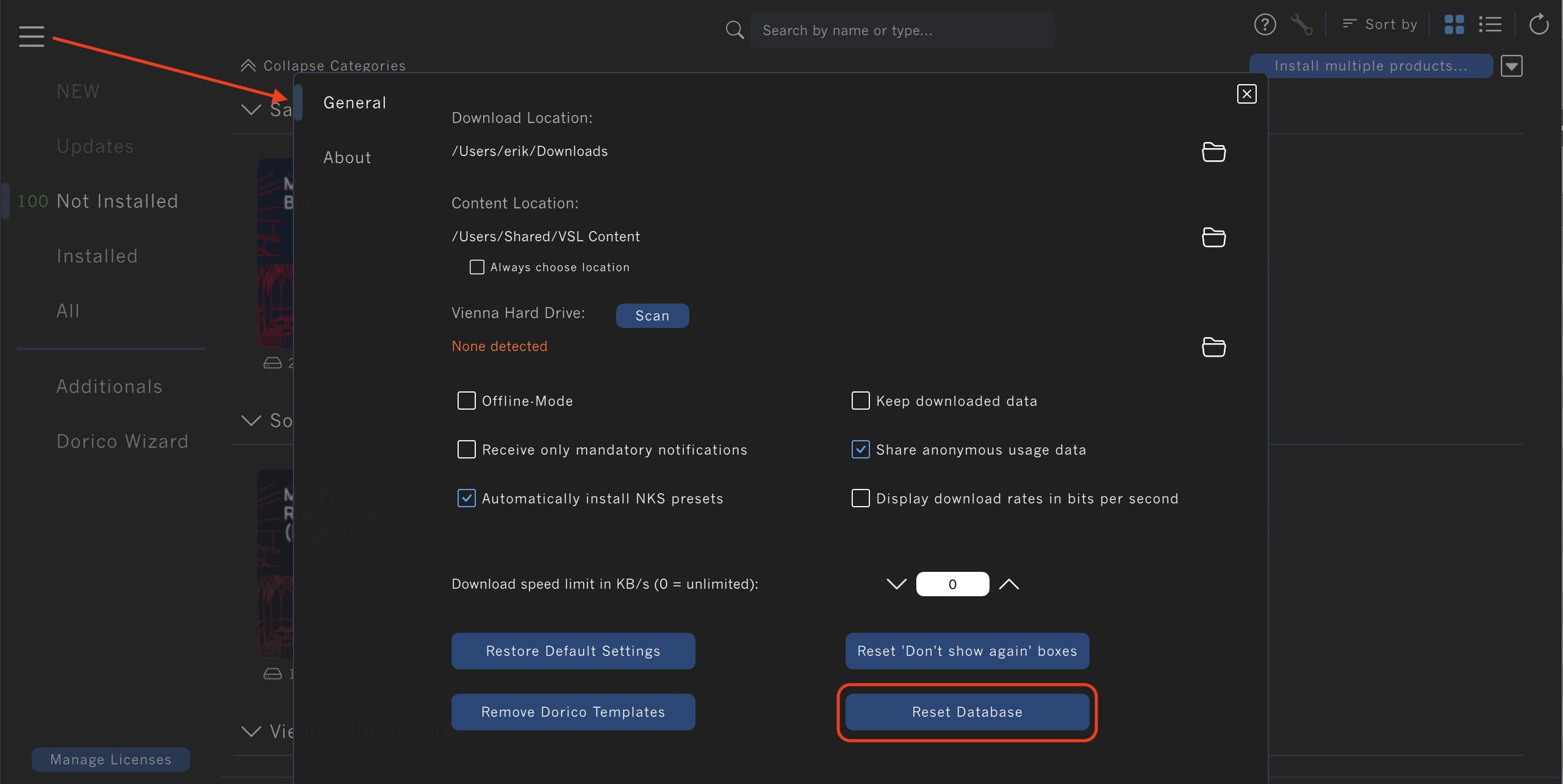 Vienna Assistant software settings interface displaying download general preferences and the Reset Database button location.