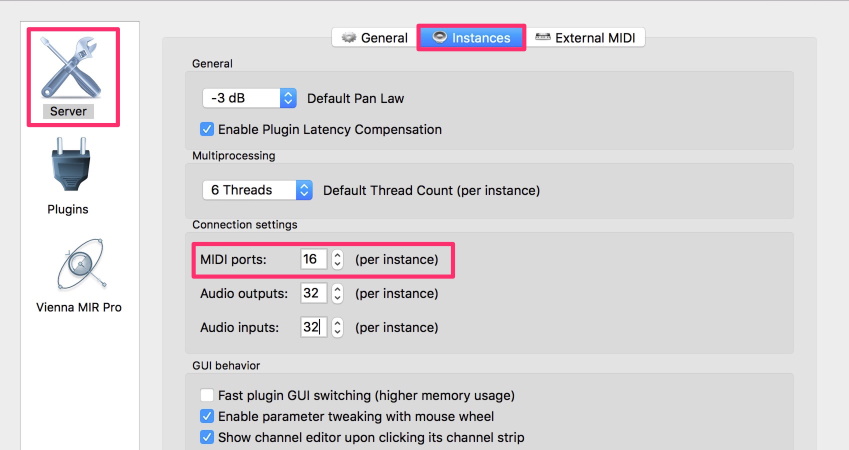 VEPro Instances settings showing 16 MIDI ports per instance for Cubase ASIO Guard optimization.