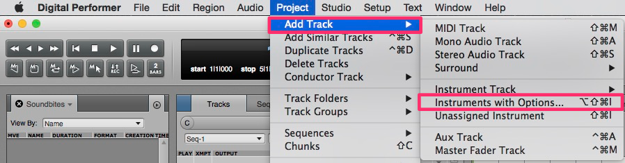 Digital Performer software interface showing a dropdown menu under Project with Add Track highlighted, then another sub-menu with Instruments with Options selected, illustrating how to add instrument tracks in a Digital Audio Workstation.