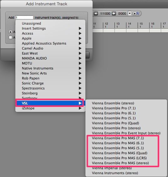Screenshot showing the Add Instrument Track dialog in Cubase, with VSL selected and a list of Vienna Ensemble Pro MAS options for routing VEPro to DAWs.