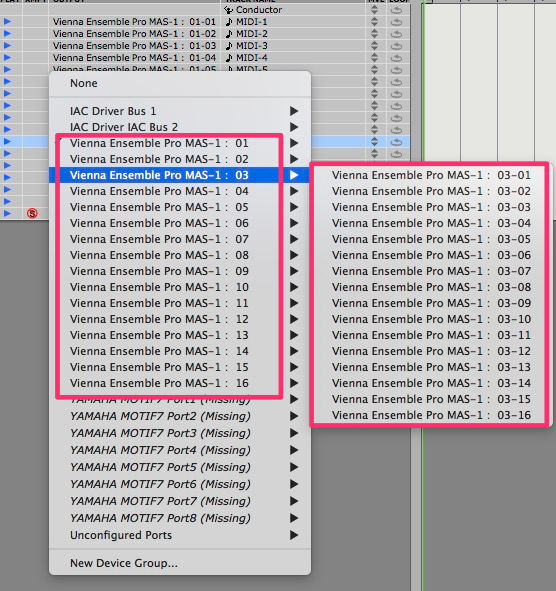 Screenshot of Vienna Ensemble Pro MAS-1 options prominently displaying routing configurations, specifically highlighting preset selection 03 and its detailed sub-options for digital audio workstation integration with Cubase.