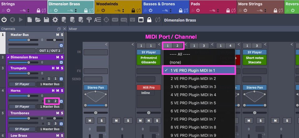 Digital Audio Workstation (DAW) mixer interface, likely Cubase, showing MIDI port and channel routing options for VEPro plugin, with MIDI In 1 selected for a brass instrument track.