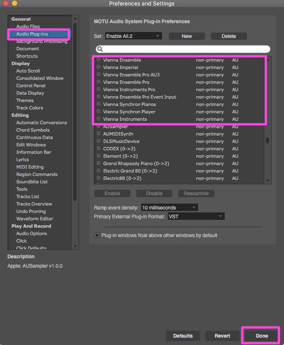 Screenshot of MOTU Audio System Plug-in Preferences, showing Audio Plug-ins selected and Vienna Ensemble, Vienna Imperial, Vienna Instruments Pro, and Vienna Synchron plugins listed with Done button highlighted.