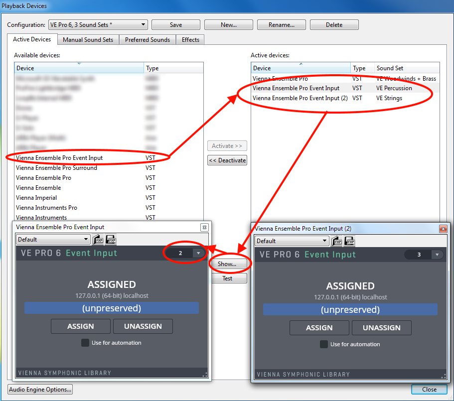 Screenshot of Vienna Ensemble Pro 6 Playback Devices showing configuration for routing VEPro Event Input instances to a Digital Audio Workstation (DAW) like Cubase, with highlighted options for assigning and unassigning VST instruments to virtual ports.