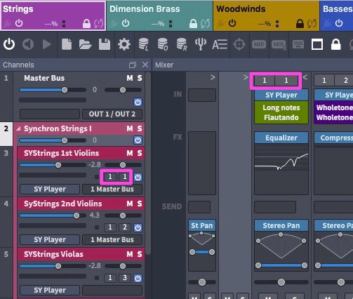 VEPro channel mixer in Cubase showing synchronization for strings, violins, and violas, highlighting input and output routing options for digital audio workstations.