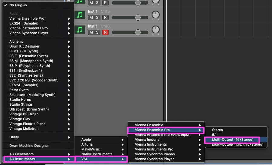 Screenshot showing Vienna Ensemble Pro plugin selected in a DAW for multi-output (16xStereo) routing.