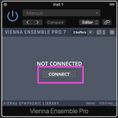 Vienna Ensemble Pro 7 interface showing Not Connected status and the Connect button for routing to a DAW like Cubase.