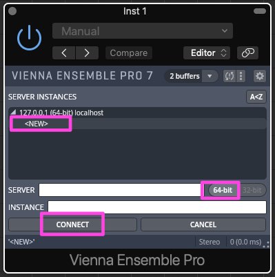 Vienna Ensemble Pro 7 interface displaying server instances, new instance creation button, and 64-bit connection option, relevant for routing VEPro to DAWs like Cubase.