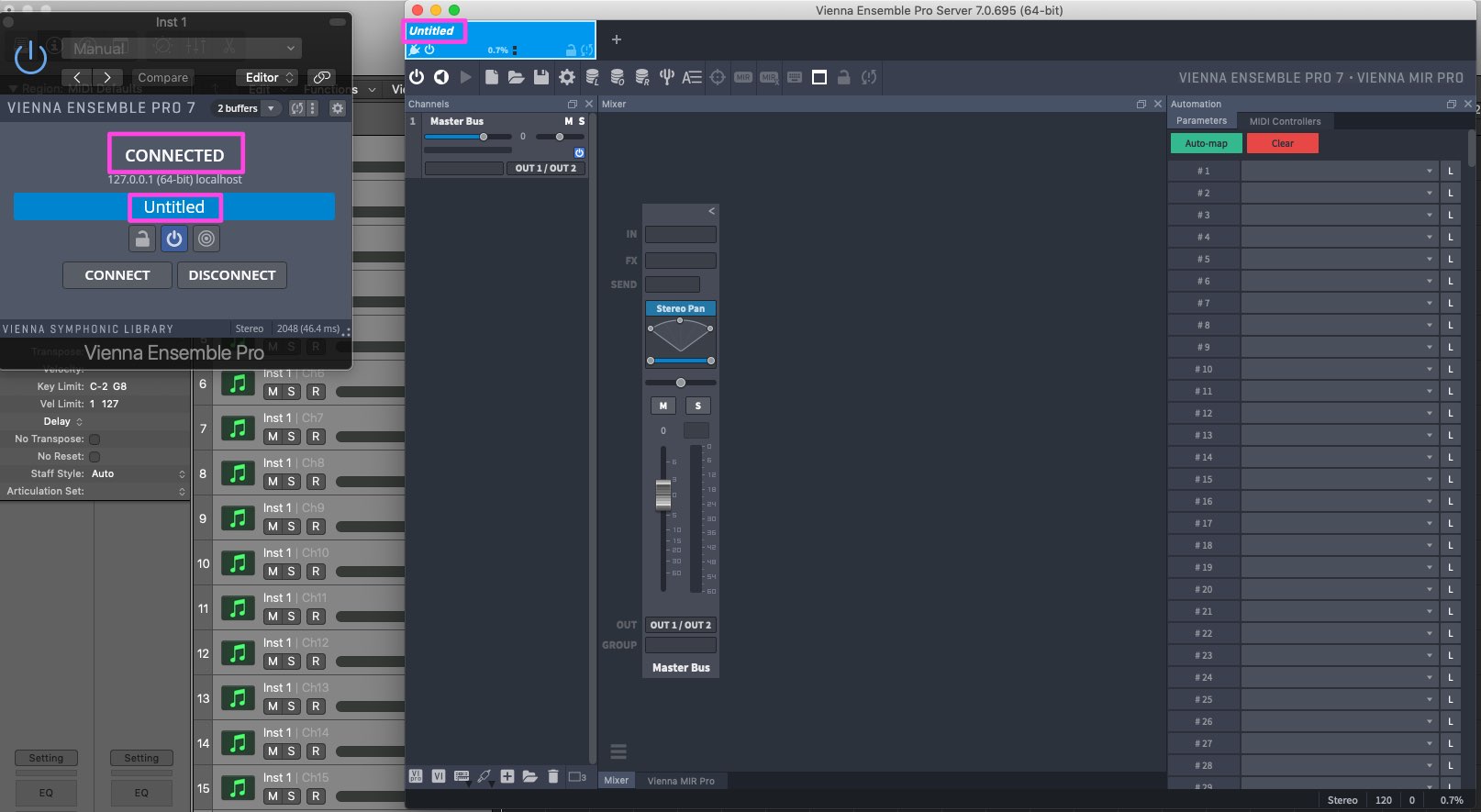 Screenshot of Vienna Ensemble Pro 7 interface for routing audio from VEPro to Digital Audio Workstations, showing a connected instance, mixer, effects, and automation parameters.