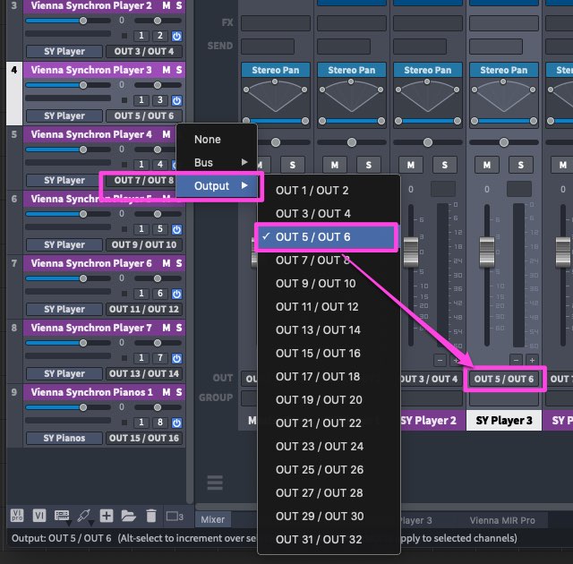 Screenshot of VEPro mixer settings in Cubase, showing the Output menu dropdown with OUT 5 / OUT 6 selected for routing VEPro to Digital Audio Workstations.