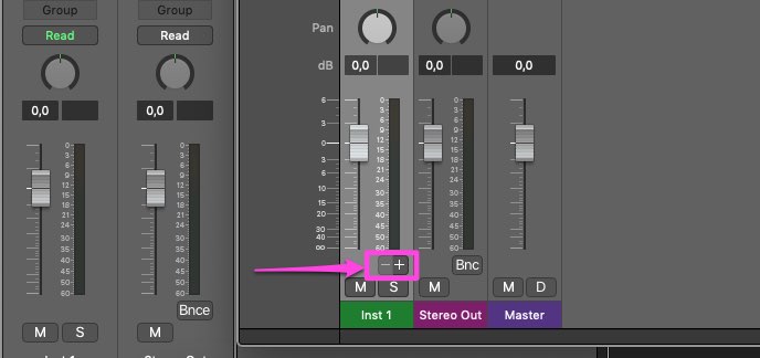 Cubase mixer view showing faders, pan controls, and routing buttons for Inst 1, Stereo Out, and Master, with a pink arrow pointing to the add/remove track buttons.