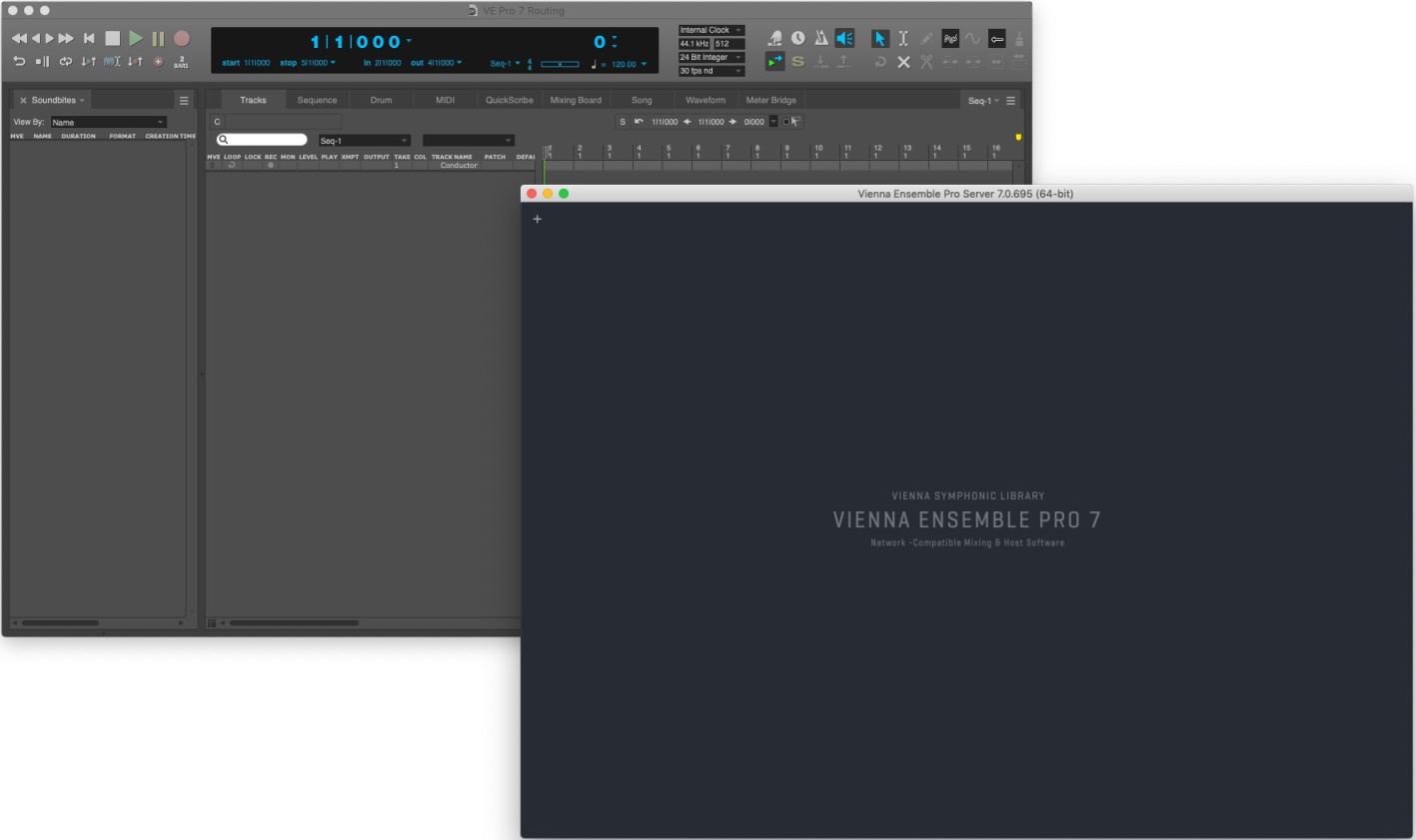 Screenshot of Vienna Ensemble Pro 7 Server open on a desktop with a Cubase DAW project in the background, illustrating VEPro routing to DAWs.