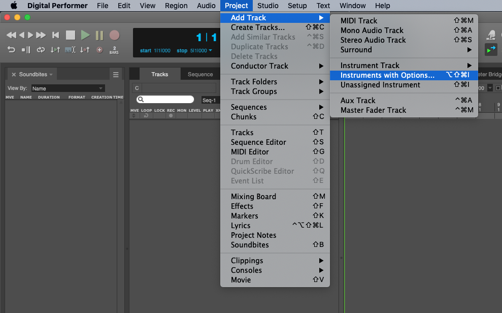 Digital Performer DAW interface showing the Project menu, highlighting Add Track and Instruments with Options to add VEPro virtual instruments.