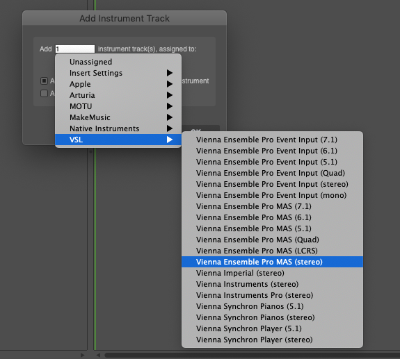 Screenshot showing the Add Instrument Track dialog in a Digital Audio Workstation (DAW), with the VSL (Vienna Symphonic Library) option selected, expanding to reveal an extensive list of Vienna Ensemble Pro routing choices including MAS stereo.