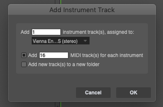 Cubase Add Instrument Track dialog showing options for adding one stereo Vienna Ensemble track and 16 MIDI tracks.